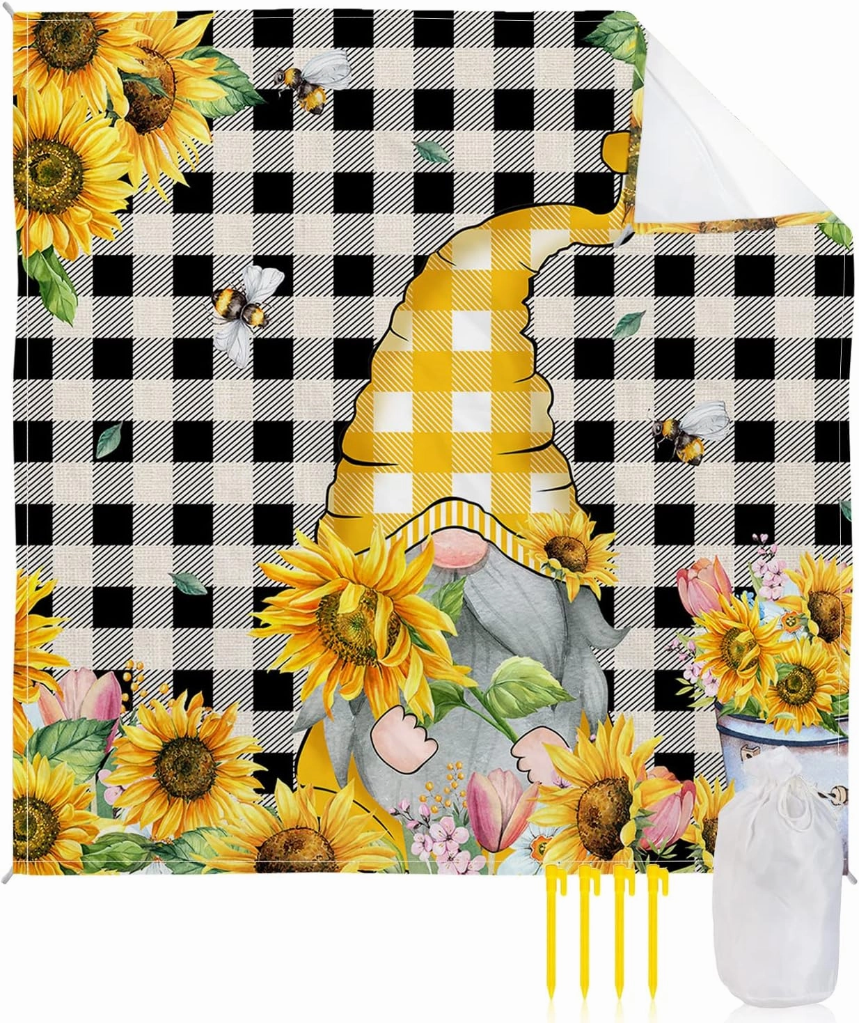 Beach Blanket Sandproof, Sunflower Gnome Bees Flowers Vintage Black Plaid Waterproof Beach Mat Lightweight Quick Drying Picnic Blanket Beach Essentials for Travel Camping Hiking 83x79in