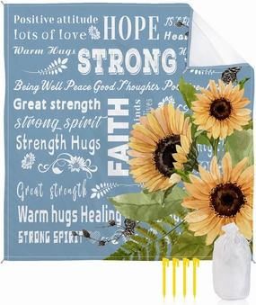 Beach Blanket Sandproof, Sunflower Inspirational Quotes Blue Waterproof Beach Mat Lightweight Quick Drying Picnic Blanket Beach Essentials for Travel Camping Hiking 83x79in