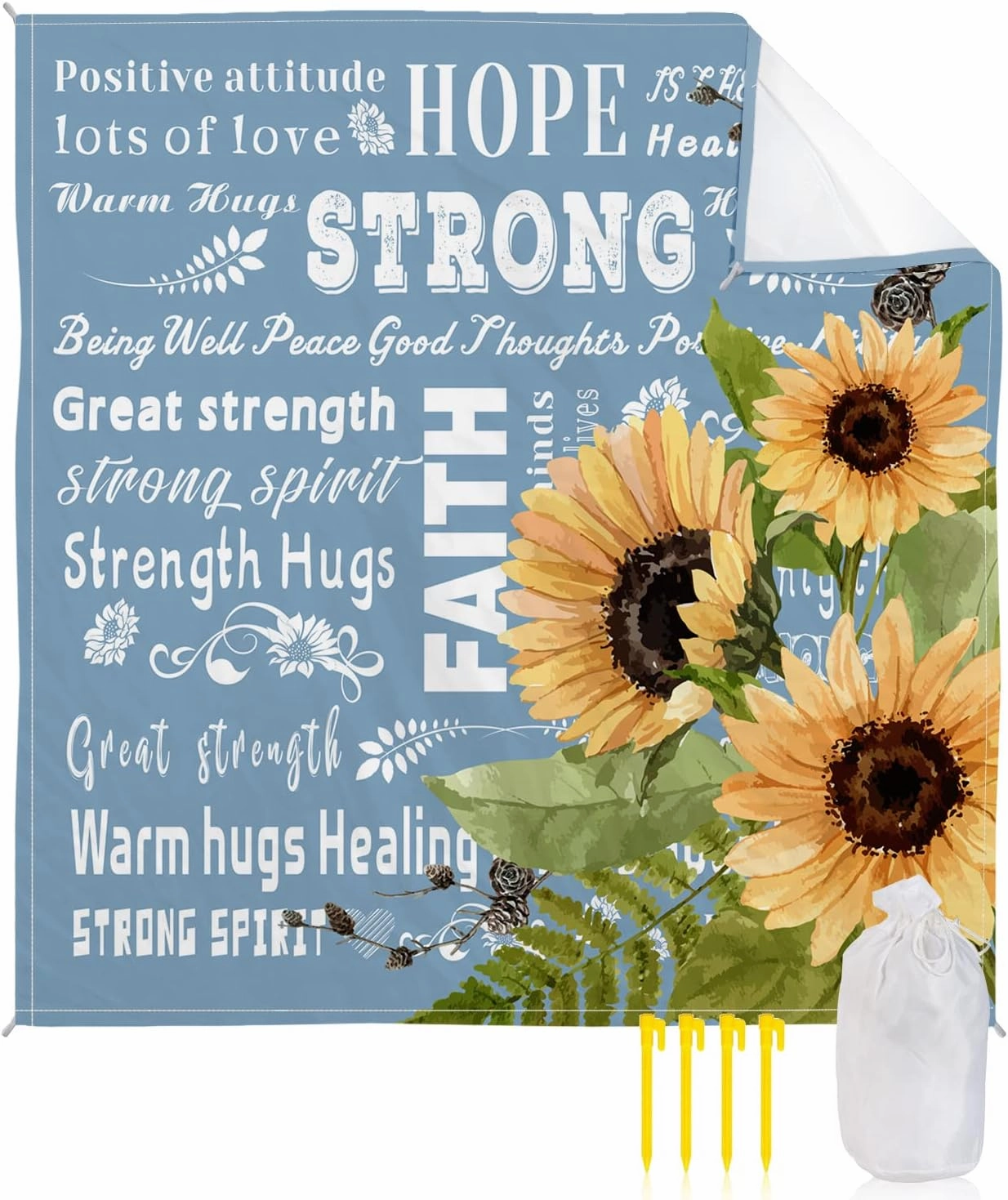 Beach Blanket Sandproof, Sunflower Inspirational Quotes Blue Waterproof Beach Mat Lightweight Quick Drying Picnic Blanket Beach Essentials for Travel Camping Hiking 83x79in