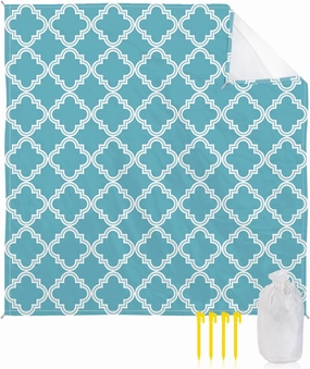 Beach Blanket Sandproof, Teal Green Moroccan Pattern Geometric Waterproof Beach Mat Lightweight Quick Drying Picnic Blanket Beach Essentials for Travel Camping Hiking 95x80in