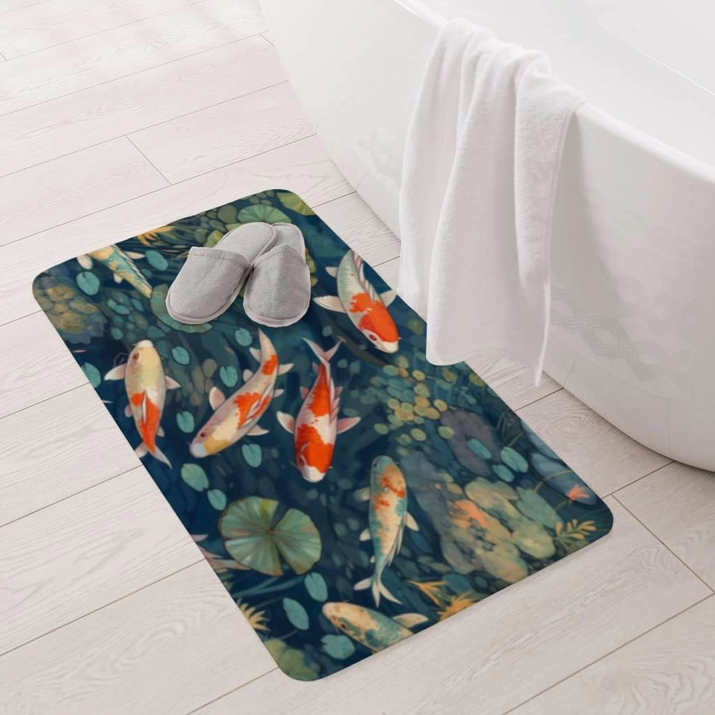 Beautiful Koi Fish Pond Bath Mat - Art Bathroom Rug - Graphic Rug for Bathroom - 34 x 21 inches