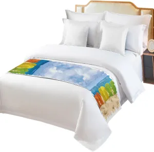 Bed Runner Scarf Art Painting Colorful Slipper on Beach Blue Sky and White Clouds Bedding Scarf Decorative Bed Runners Cover for Home Bedroom Hotel Wedding Room Bed Scarf for Foot of Bed King 102x20in
