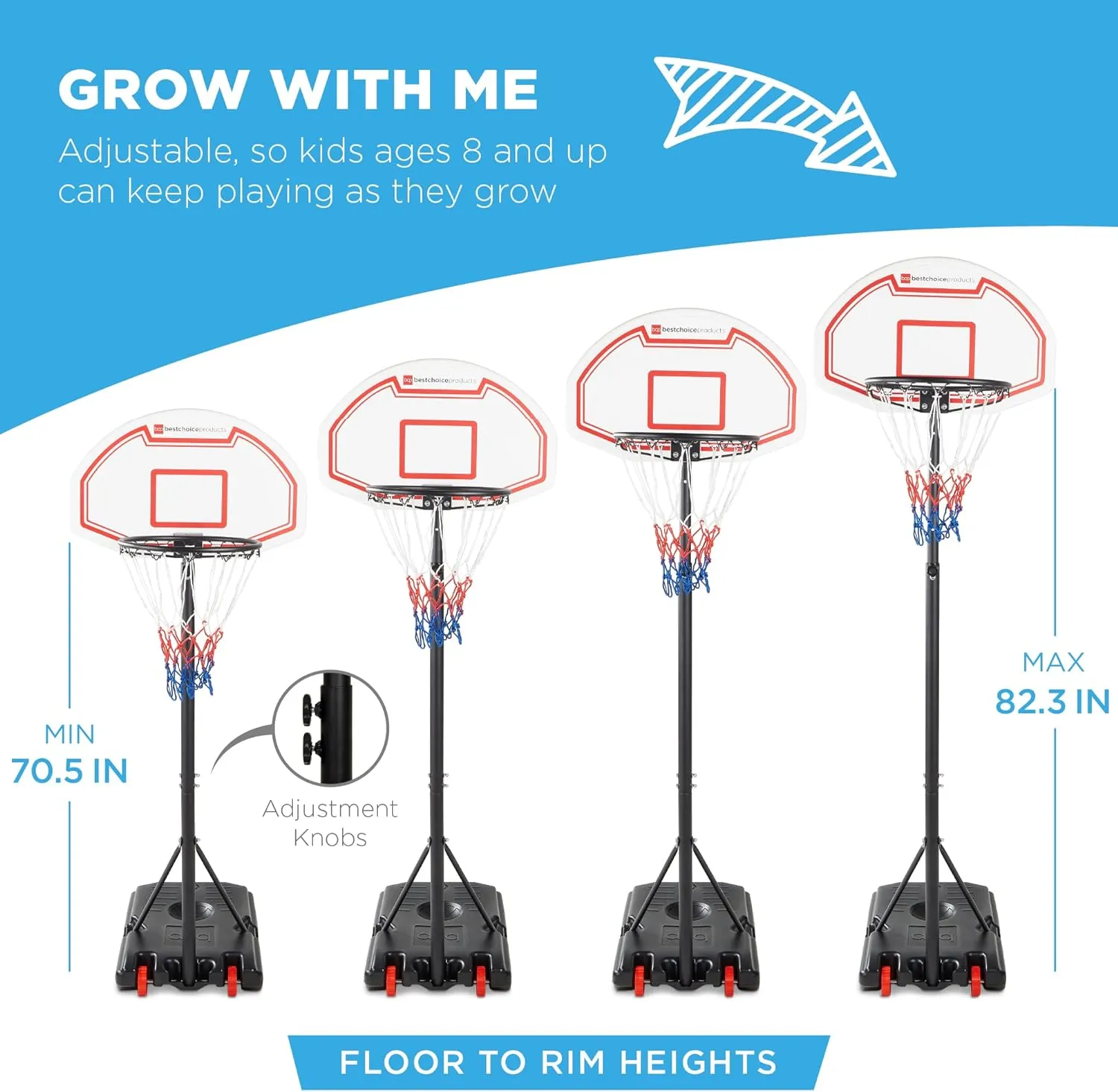 Best Choice Products Kids Height-Adjustable Basketball Hoop, Portable Backboard Set w/ 2 Wheels, Fillable Base, 70.5in to 82.3in Tall