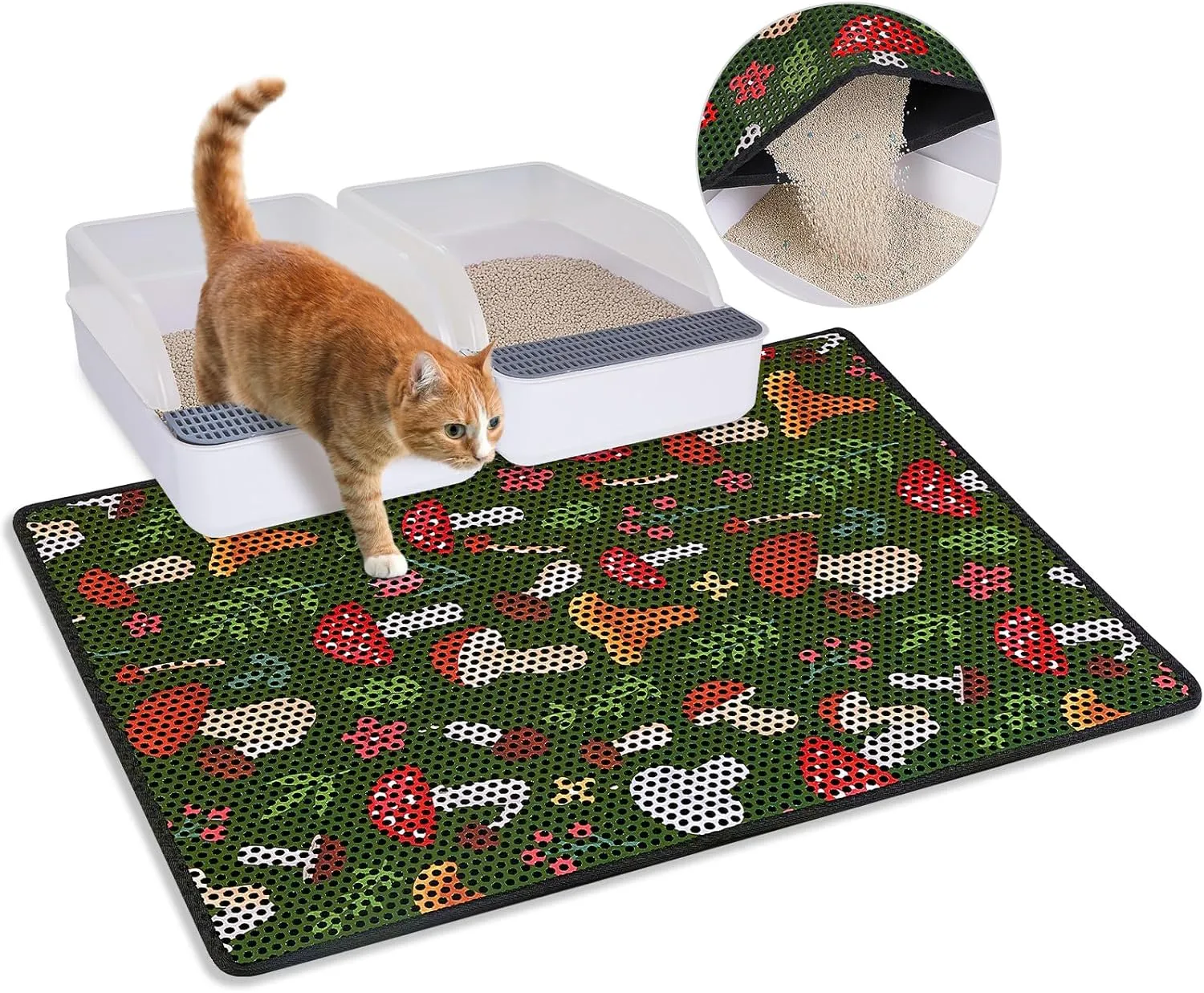Bienbee Cat Litter Mat, 30"x24" Litter Mat Double Layer Litter Trapping Mat, Reduces Tracking and Keeps Floors Clean,Jungle Mushroom L