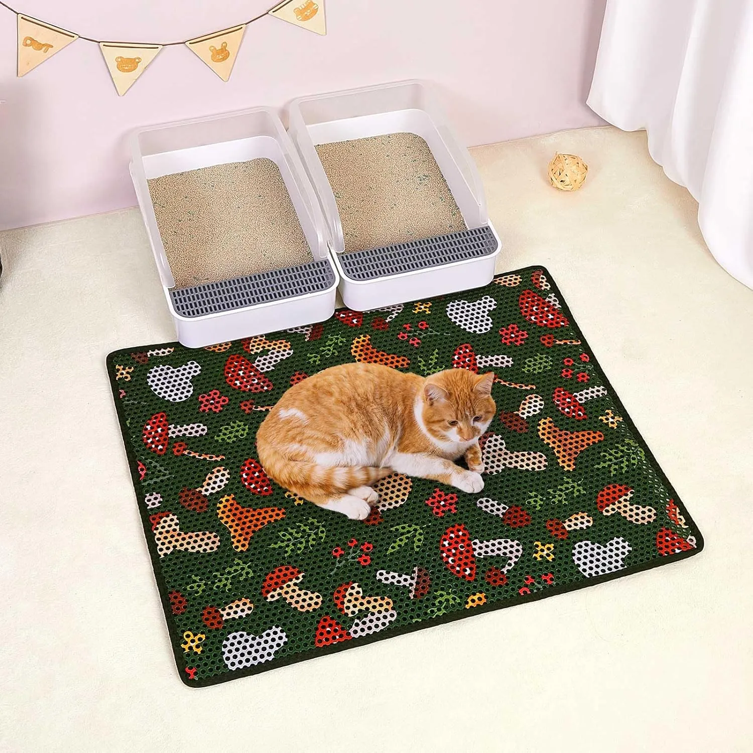 Bienbee Cat Litter Mat, 30"x24" Litter Mat Double Layer Litter Trapping Mat, Reduces Tracking and Keeps Floors Clean,Jungle Mushroom L