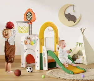BIERUM Toddler Slide, Baby Slide for Toddlers Aged 1-3, with Adjustable Basketball Hoop, Soccer, Dart Board and Pretend Shopping Window, Multi-Functional Playset for Indoor Outdoor Use