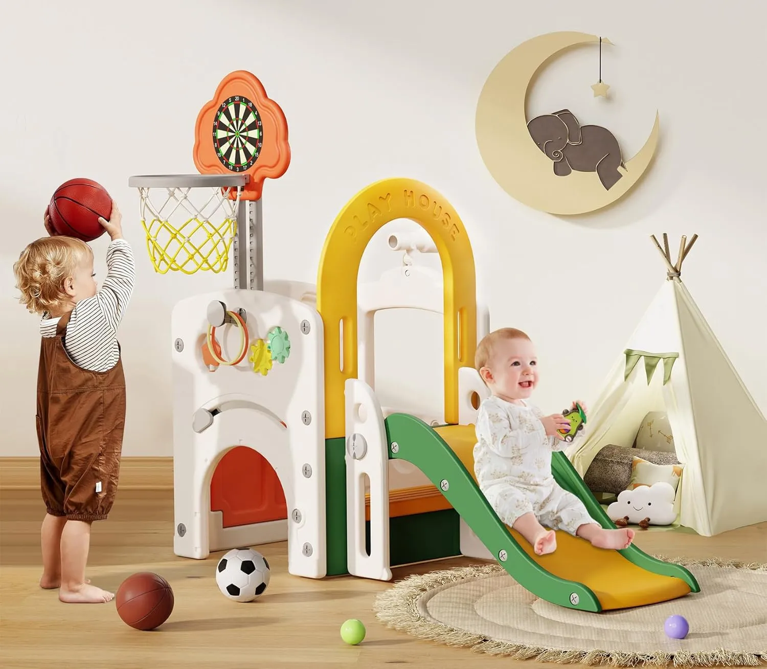 BIERUM Toddler Slide, Baby Slide for Toddlers Aged 1-3, with Adjustable Basketball Hoop, Soccer, Dart Board and Pretend Shopping Window, Multi-Functional Playset for Indoor Outdoor Use