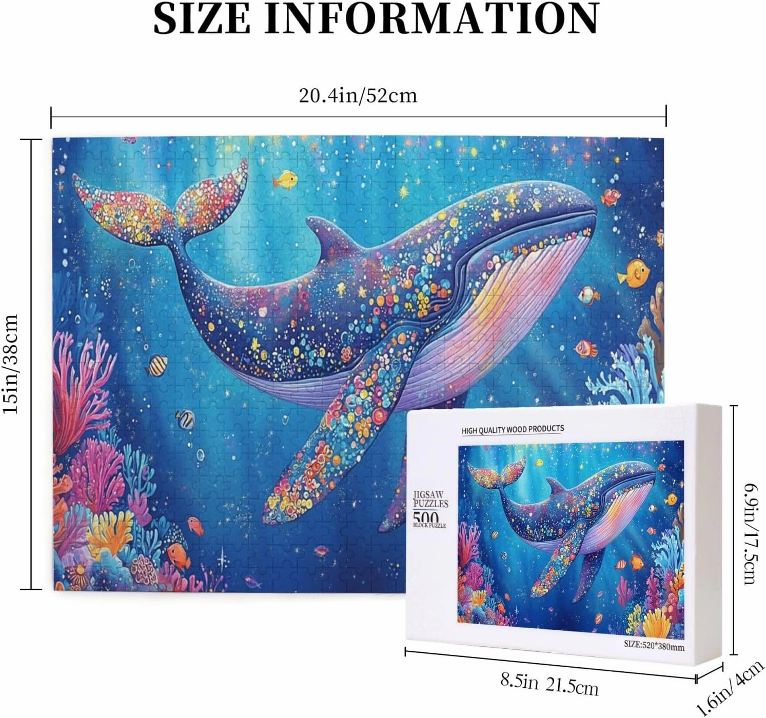 Big Fish Swimming Through The Ocean, 500 Pcs Vibrant Adult Wooden Puzzles,Recreational Game That Exercises Brain Power, Patience and Hands-On Skills，Promote A Warmer Relationship