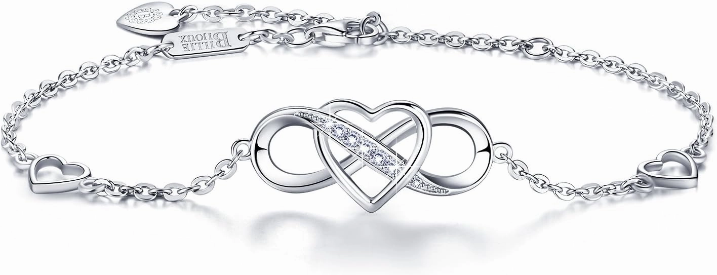Billie Bijoux Women Bracelets 925 Sterling Silver Infinity Heart White Gold Plated Cubic Zirconia Adjustable Bracelet Best Gifts for Women
