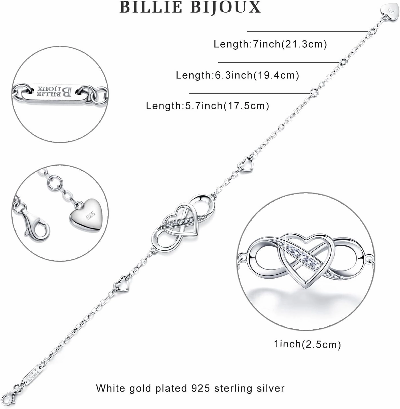 Billie Bijoux Women Bracelets 925 Sterling Silver Infinity Heart White Gold Plated Cubic Zirconia Adjustable Bracelet Best Gifts for Women