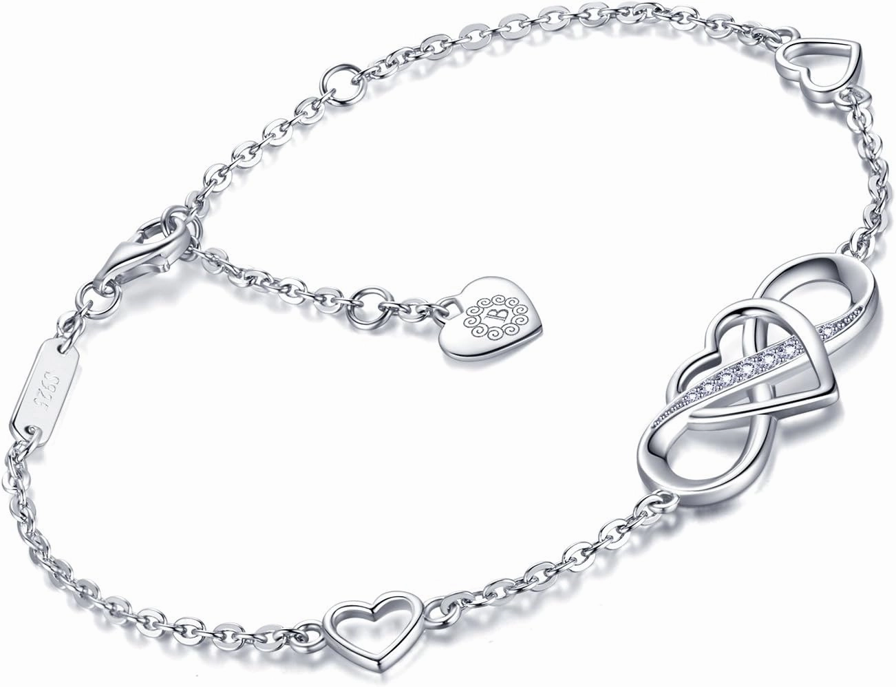 Billie Bijoux Women Bracelets 925 Sterling Silver Infinity Heart White Gold Plated Cubic Zirconia Adjustable Bracelet Best Gifts for Women