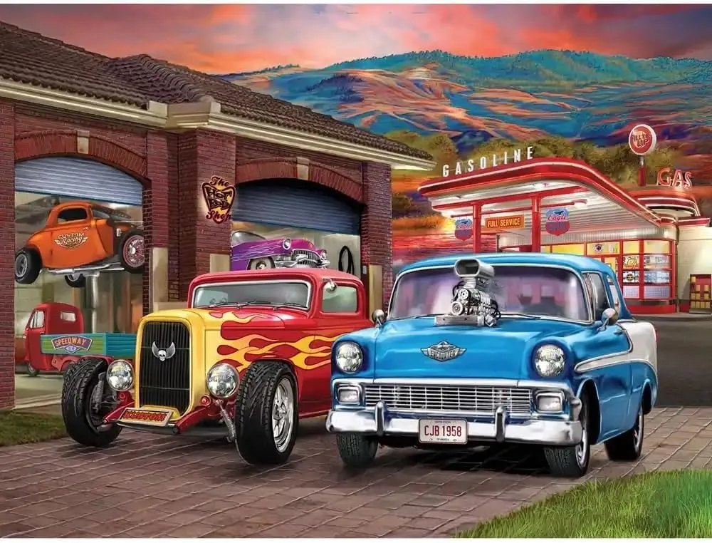 Bits and Pieces – 50 Piece Jigsaw Puzzle for Adults – Hot Rod Sunset - Large Lettered Pieces Colorful Classic Cars Jigsaw Puzzle, Completed Puzzle Size: 15" x 19"