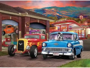 Bits and Pieces – 50 Piece Jigsaw Puzzle for Adults – Hot Rod Sunset - Large Lettered Pieces Colorful Classic Cars Jigsaw Puzzle, Completed Puzzle Size: 15" x 19"