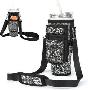 Bling Diamond Water Bottle Carrier Bag with Phone Pocket for Stanley 40/30 oz Tumbler with Card Holder,Neoprene Water Bottle Holder Pouch with Adjustable Strap for Stanley Cup Accessories