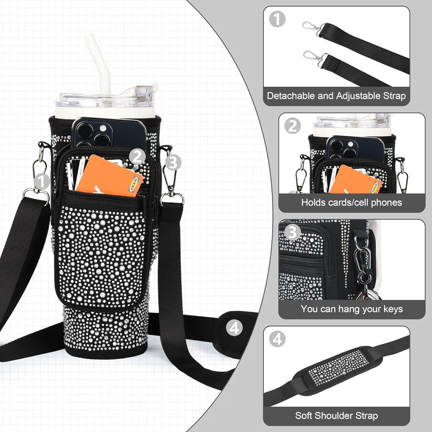 Bling Diamond Water Bottle Carrier Bag with Phone Pocket for Stanley 40/30 oz Tumbler with Card Holder,Neoprene Water Bottle Holder Pouch with Adjustable Strap for Stanley Cup Accessories