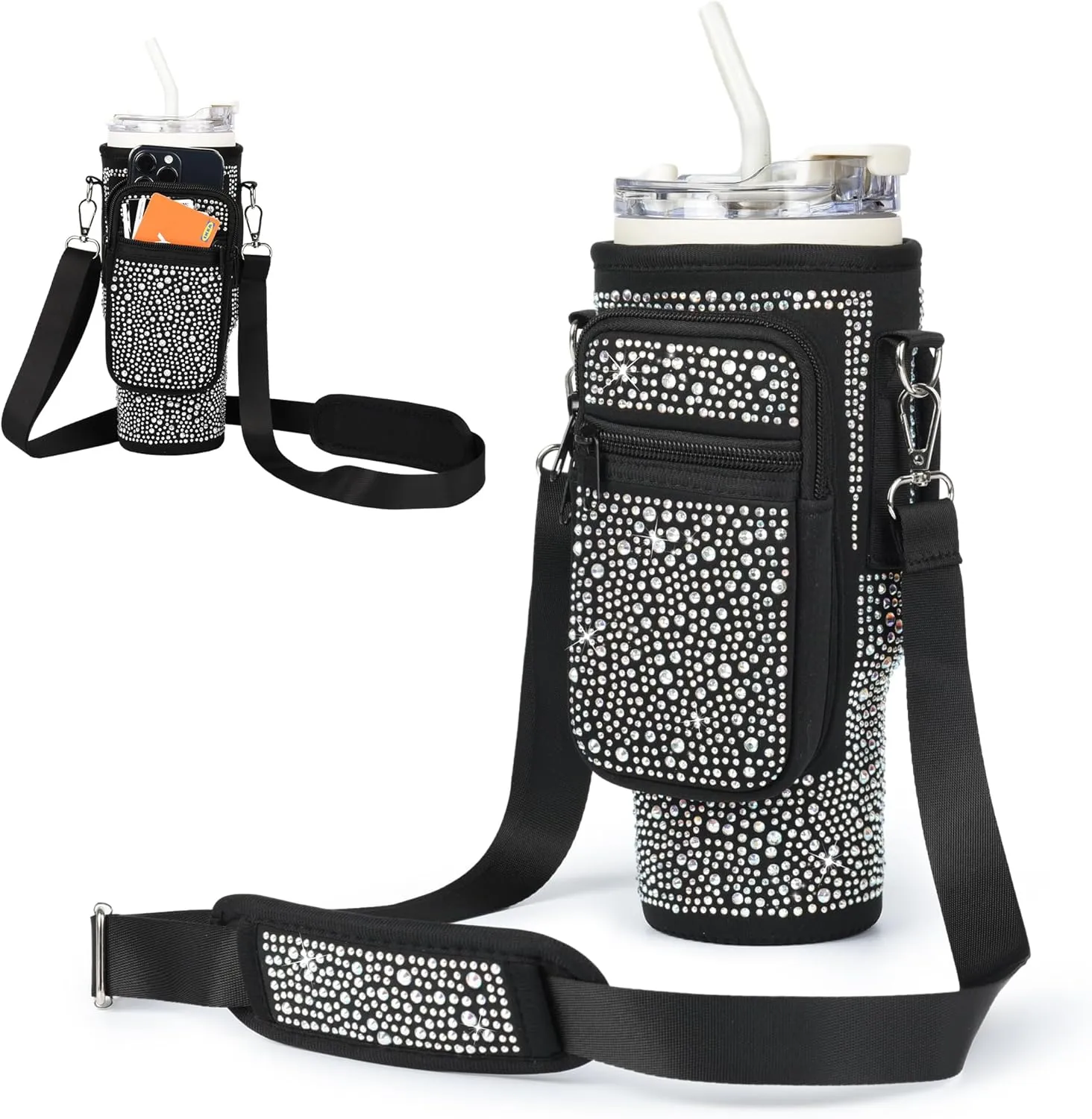 Bling Diamond Water Bottle Carrier Bag with Phone Pocket for Stanley 40/30 oz Tumbler with Card Holder,Neoprene Water Bottle Holder Pouch with Adjustable Strap for Stanley Cup Accessories