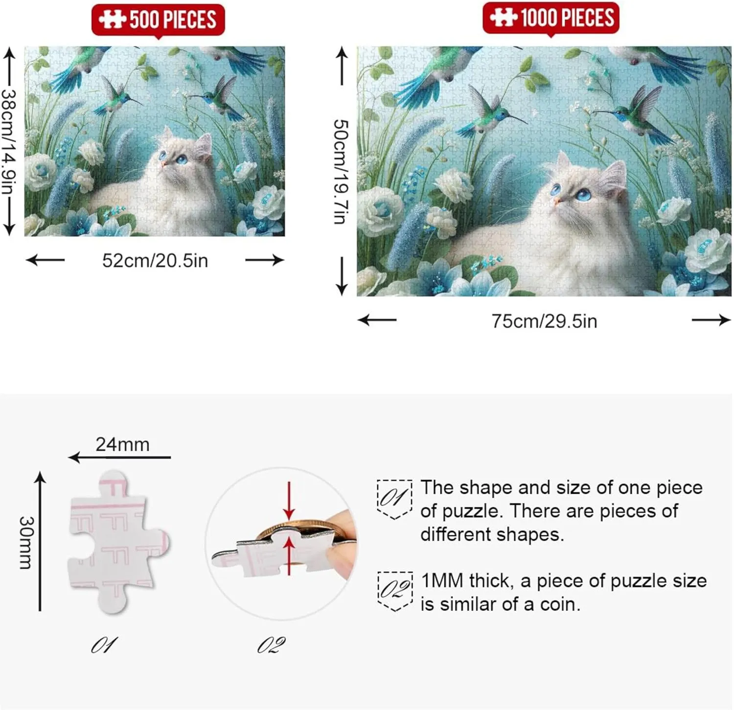 Blue Floral Cat Bird Jigsaw 1000 Piece Puzzles for Adults Scenery Floral Art Custom Puzzle Fall Scene White Elephants Gifts, 29.5x19.7 Inch