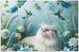 Blue Floral Cat Bird Jigsaw 1000 Piece Puzzles for Adults Scenery Floral Art Custom Puzzle Fall Scene White Elephants Gifts, 29.5x19.7 Inch