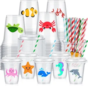 Boao 36 Sets Under the Sea Ocean Party Cups with Lids and Paper Straws 14 oz Summer Sea Birthday Party Supplies Beach Pool Disposable Clear Plastic Cups Bulk