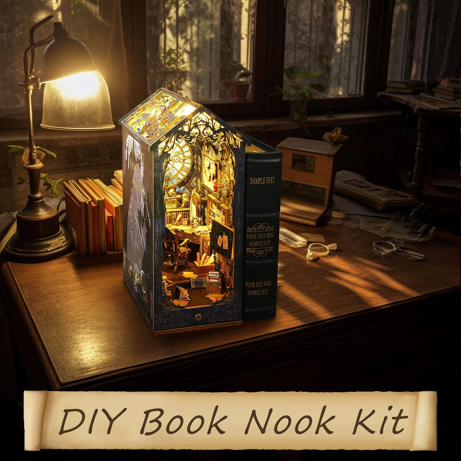 Book Nook Kit, MOJINO DIY Miniature 3D Puzzle Wooden Bookends Doll House with LED Lights for Bookshelf Decor, Tiny Miniverse Model House Art Craft for Adults Gril Halloween Christmas Decoration Gift