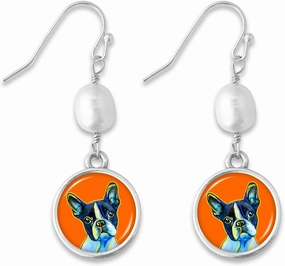 Boston Terrier Silver Pearl Drop Diana Earrings Dog Portrait Charm Pet Lover Gift Jewelry