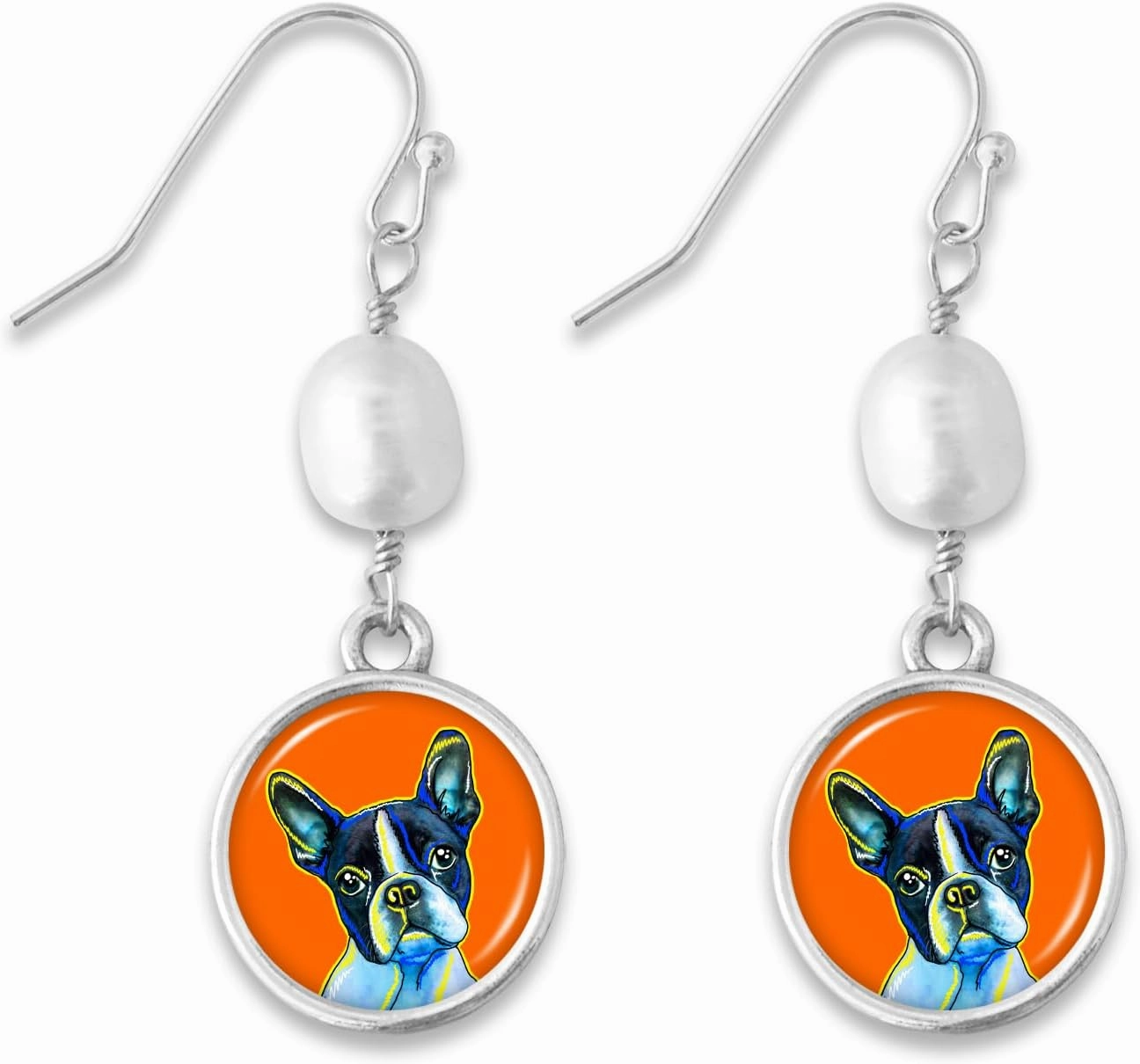 Boston Terrier Silver Pearl Drop Diana Earrings Dog Portrait Charm Pet Lover Gift Jewelry