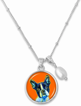 Boston Terrier Silver Pearl Drop Diana Necklace Dog Portrait Charm Pet Lover Gift Jewelry