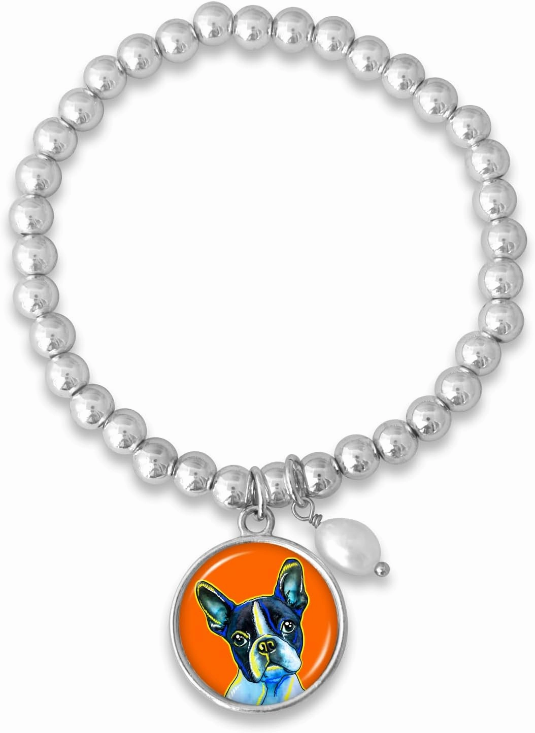 Boston Terrier Silver Pearl Drop Diana Stretch Bracelet Dog Portrait Charm Pet Lover Gift Jewelry