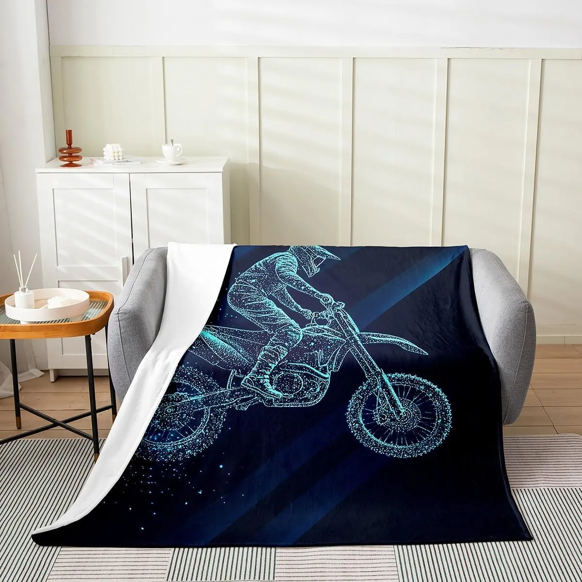 Boys Dirt Bike Throw Blanket All Season,Kids Motocross Rider Fleece Blanket Lightweight,Hippie Grunge Watercolor Motorcycle Plush Blanket for Teens Youth,Extreme Sport Flannel Blanket,Throw 50x60