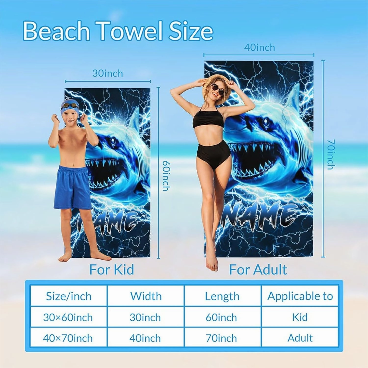 Boys Beach Towel, Microfiber Shark Bath Towel with Personalized Name for Men Kids Adults, 40”x70” Lightweight Quick Dry Beach Essential for Travel Swimming Pool