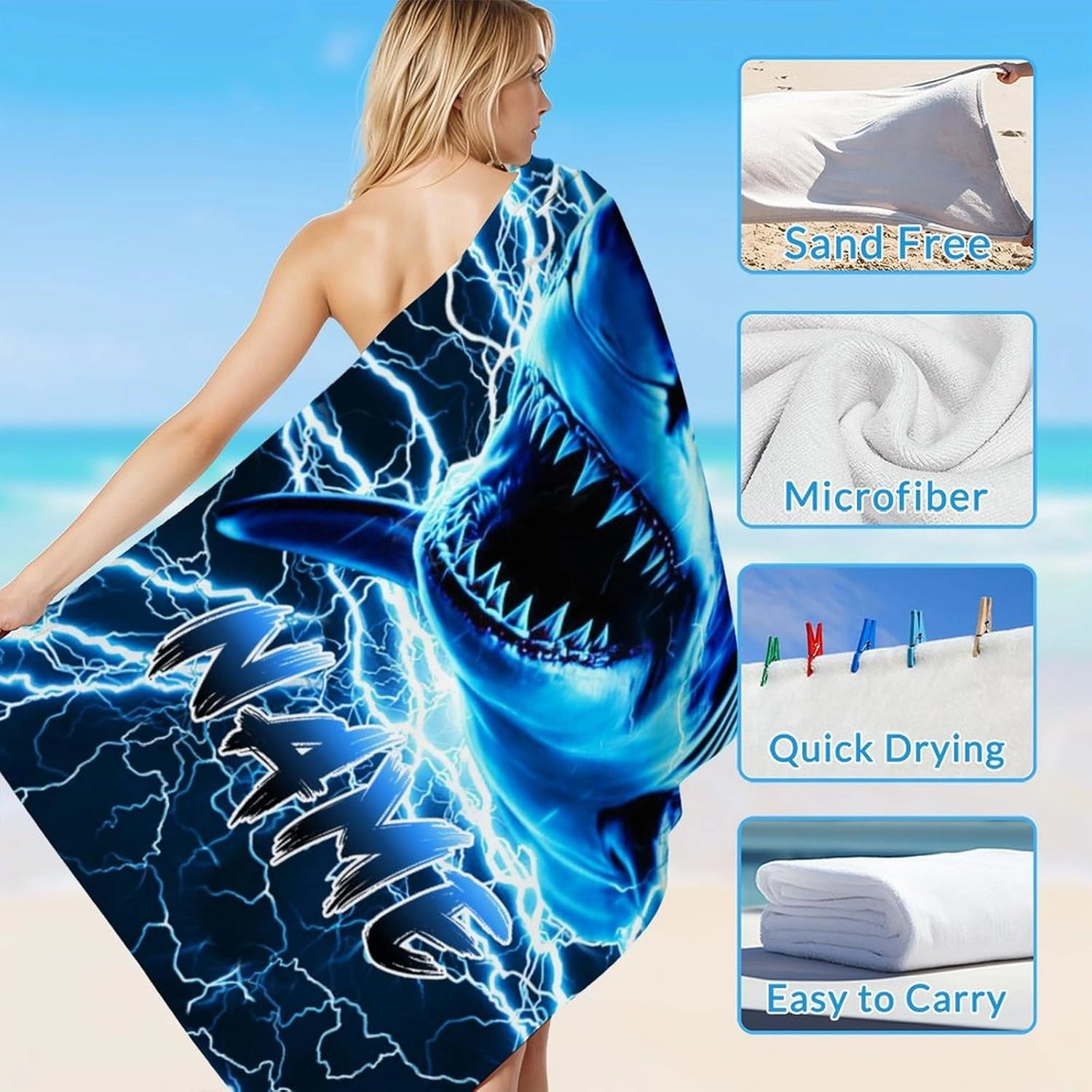 Boys Beach Towel, Microfiber Shark Bath Towel with Personalized Name for Men Kids Adults, 40”x70” Lightweight Quick Dry Beach Essential for Travel Swimming Pool