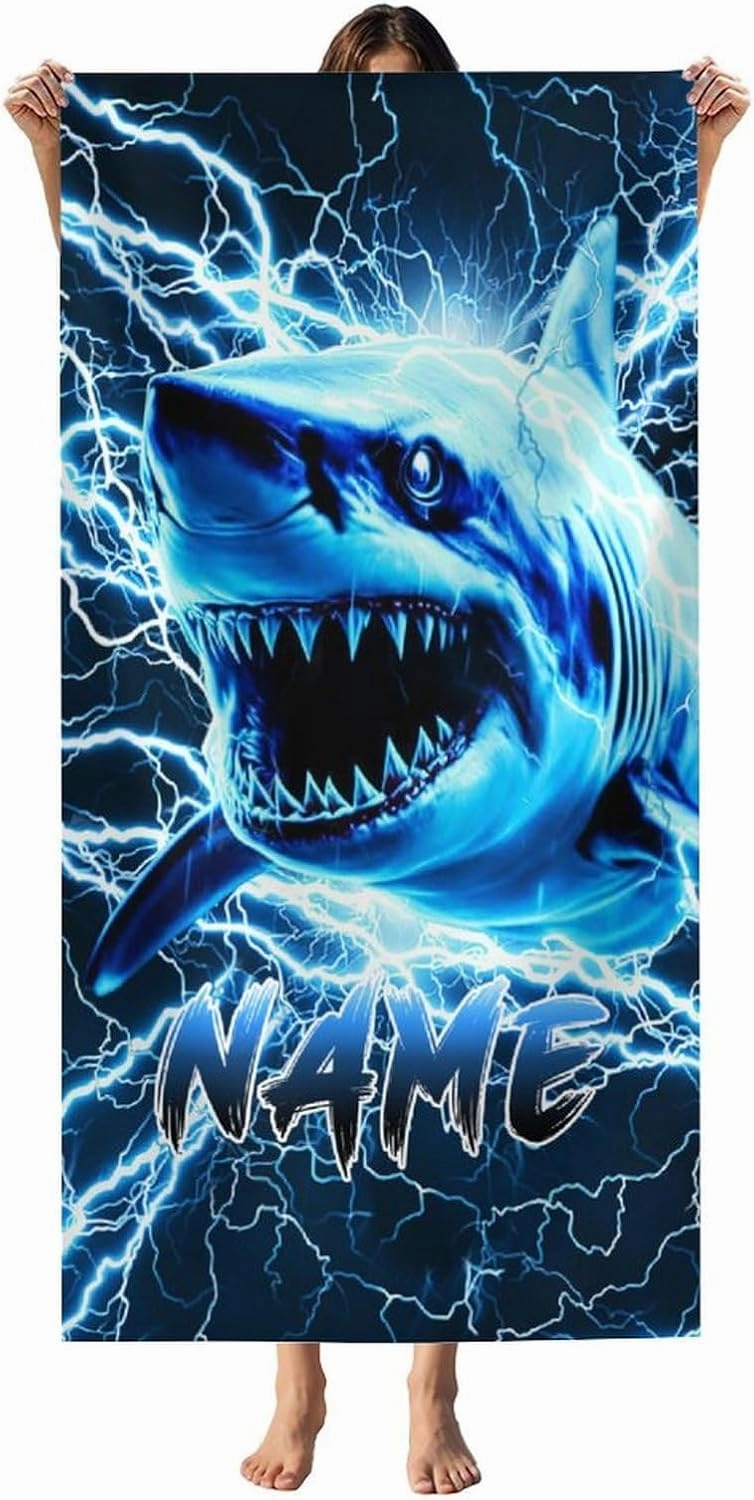 Boys Beach Towel, Microfiber Shark Bath Towel with Personalized Name for Men Kids Adults, 40”x70” Lightweight Quick Dry Beach Essential for Travel Swimming Pool