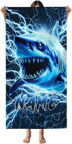 Boys Beach Towel, Microfiber Shark Bath Towel with Personalized Name for Men Kids Adults, 40”x70” Lightweight Quick Dry Beach Essential for Travel Swimming Pool