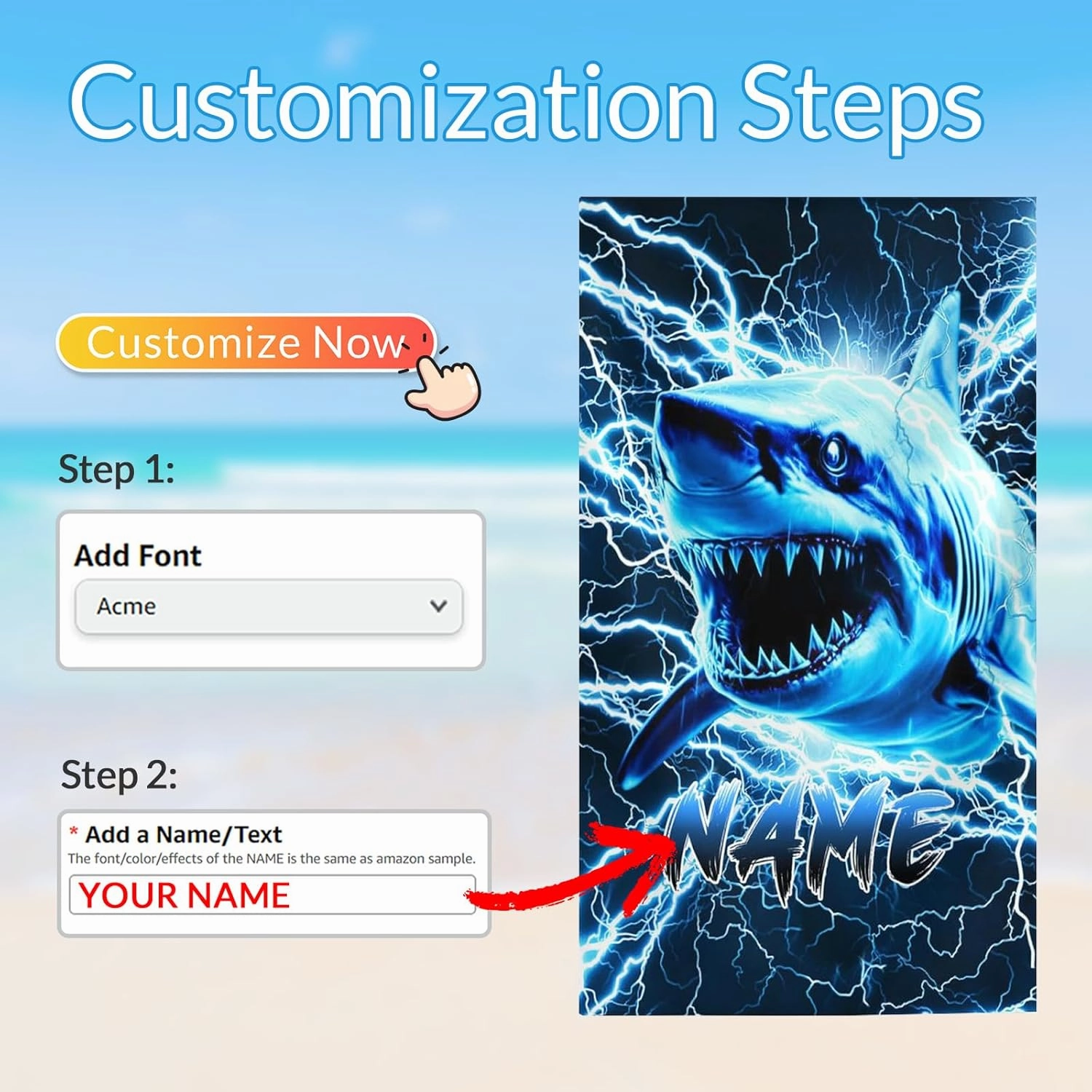 Boys Beach Towel, Microfiber Shark Bath Towel with Personalized Name for Men Kids Adults, 40”x70” Lightweight Quick Dry Beach Essential for Travel Swimming Pool