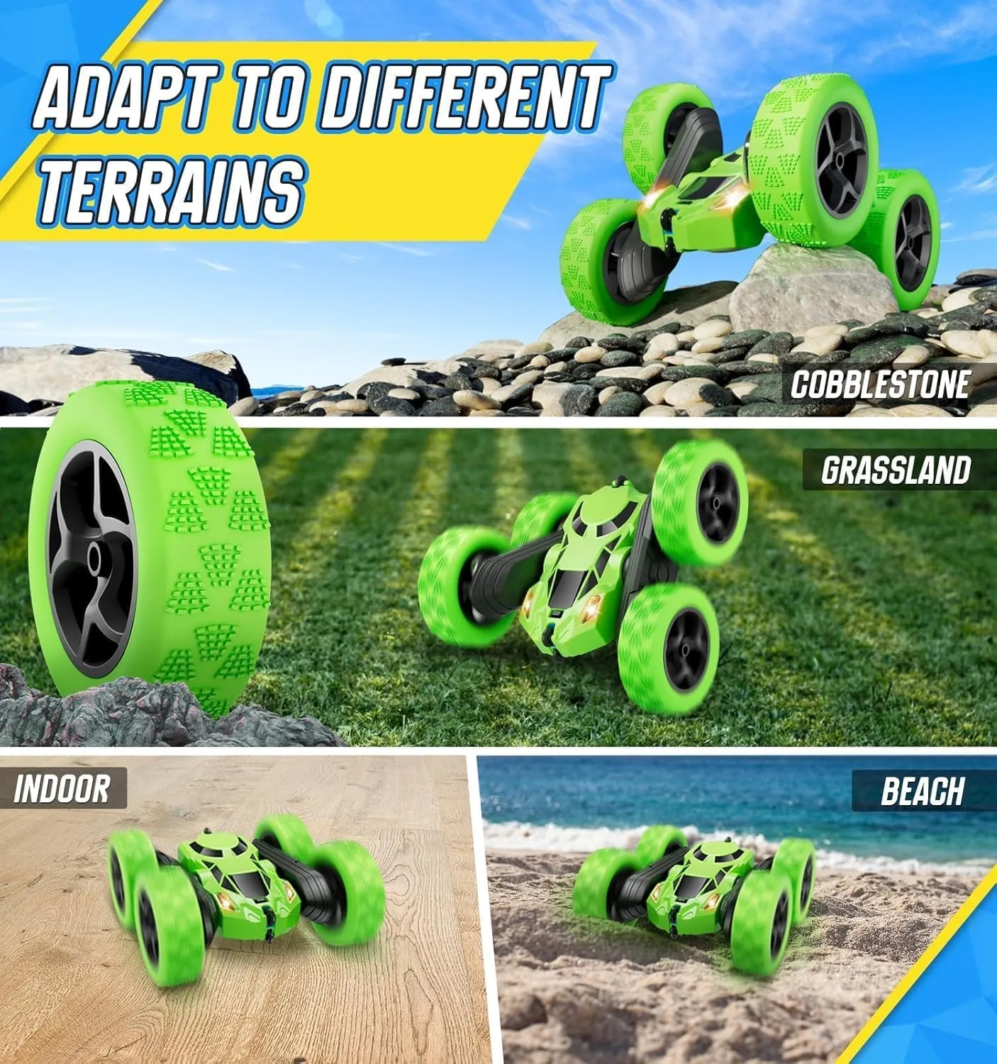 BROADREAM Stocking Stuffers for Kids, Double Sided 360°Rotating 4WD RC Cars with Headlights, Toys for 3 4 5 6 Year Old Boys Girls