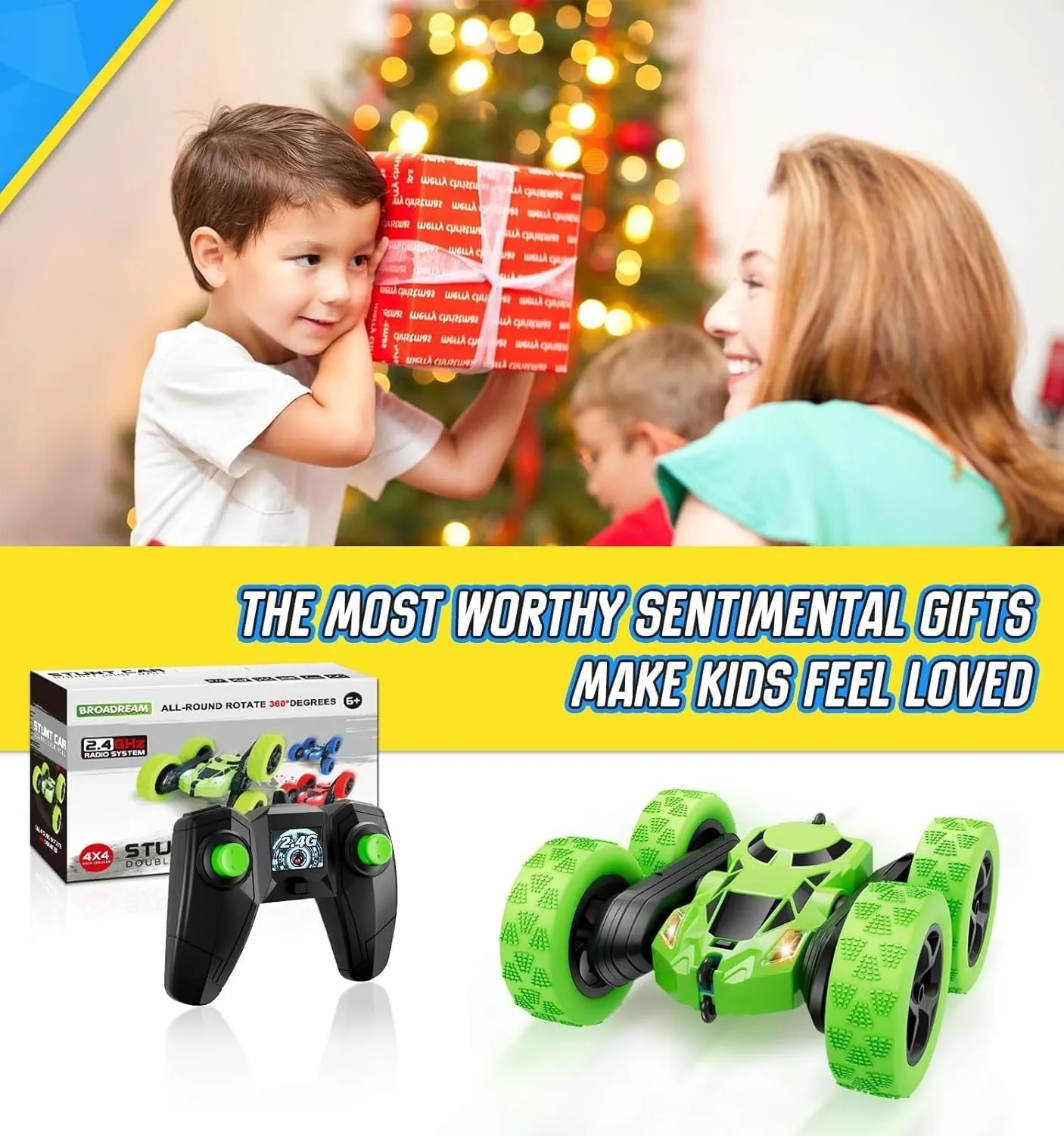 BROADREAM Stocking Stuffers for Kids, Double Sided 360°Rotating 4WD RC Cars with Headlights, Toys for 3 4 5 6 Year Old Boys Girls