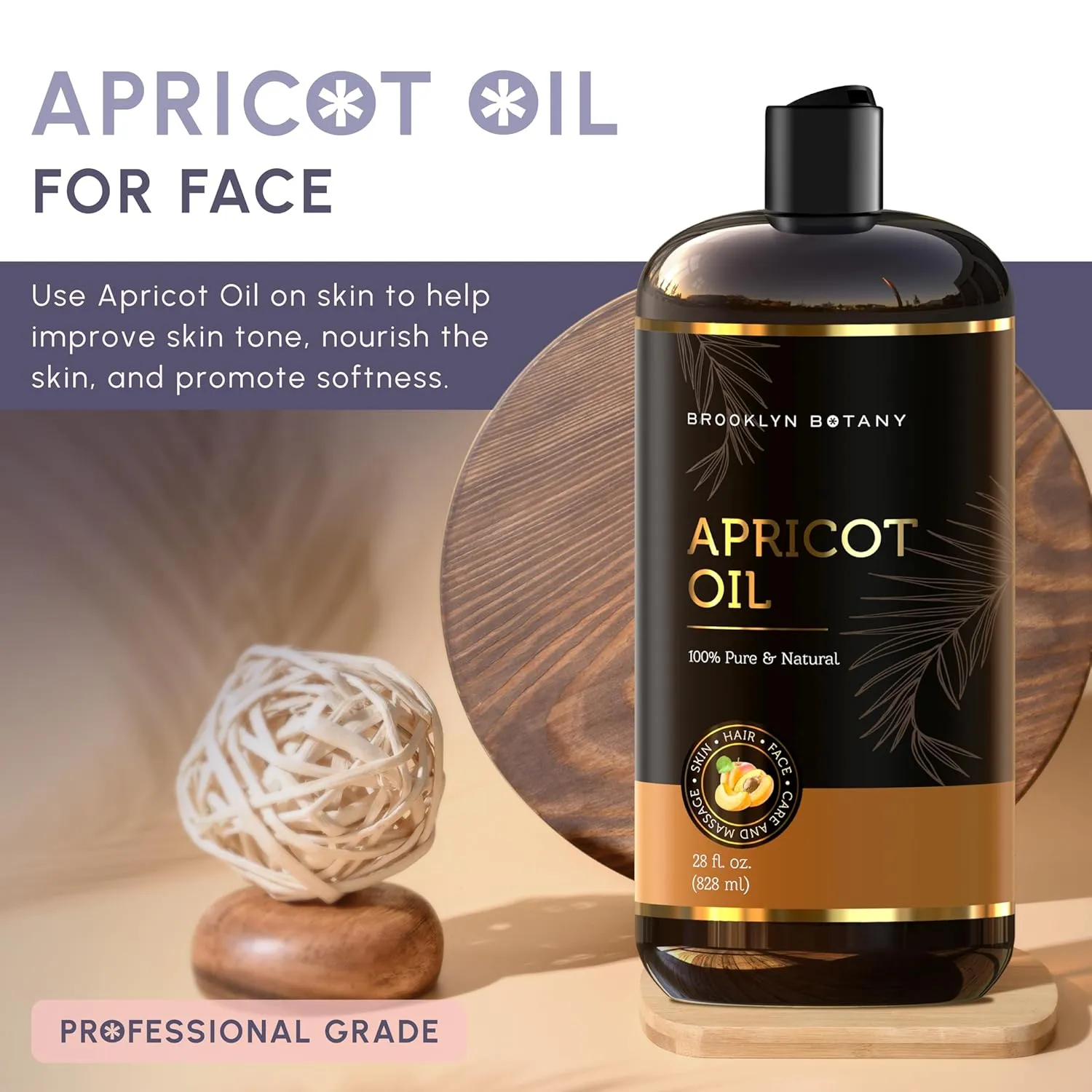 Brooklyn Botany Apricot Kernel Oil for Skin, Hair and Face - 100% Pure and Natural Body Oil and Hair Oil - Carrier Oil for Essential Oils, Aromatherapy and Massage Oil - 28 fl Oz