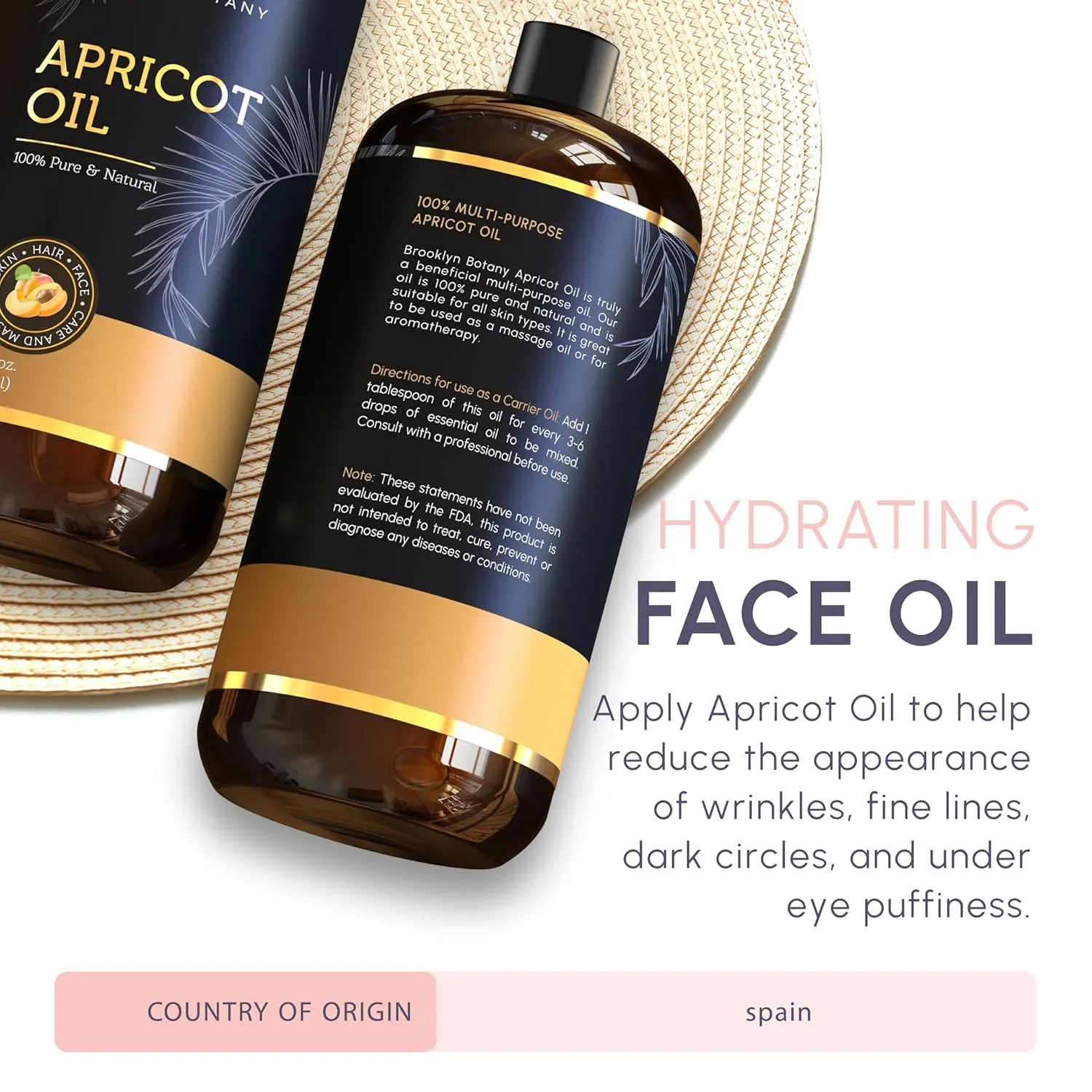 Brooklyn Botany Apricot Kernel Oil for Skin, Hair and Face - 100% Pure and Natural Body Oil and Hair Oil - Carrier Oil for Essential Oils, Aromatherapy and Massage Oil - 28 fl Oz
