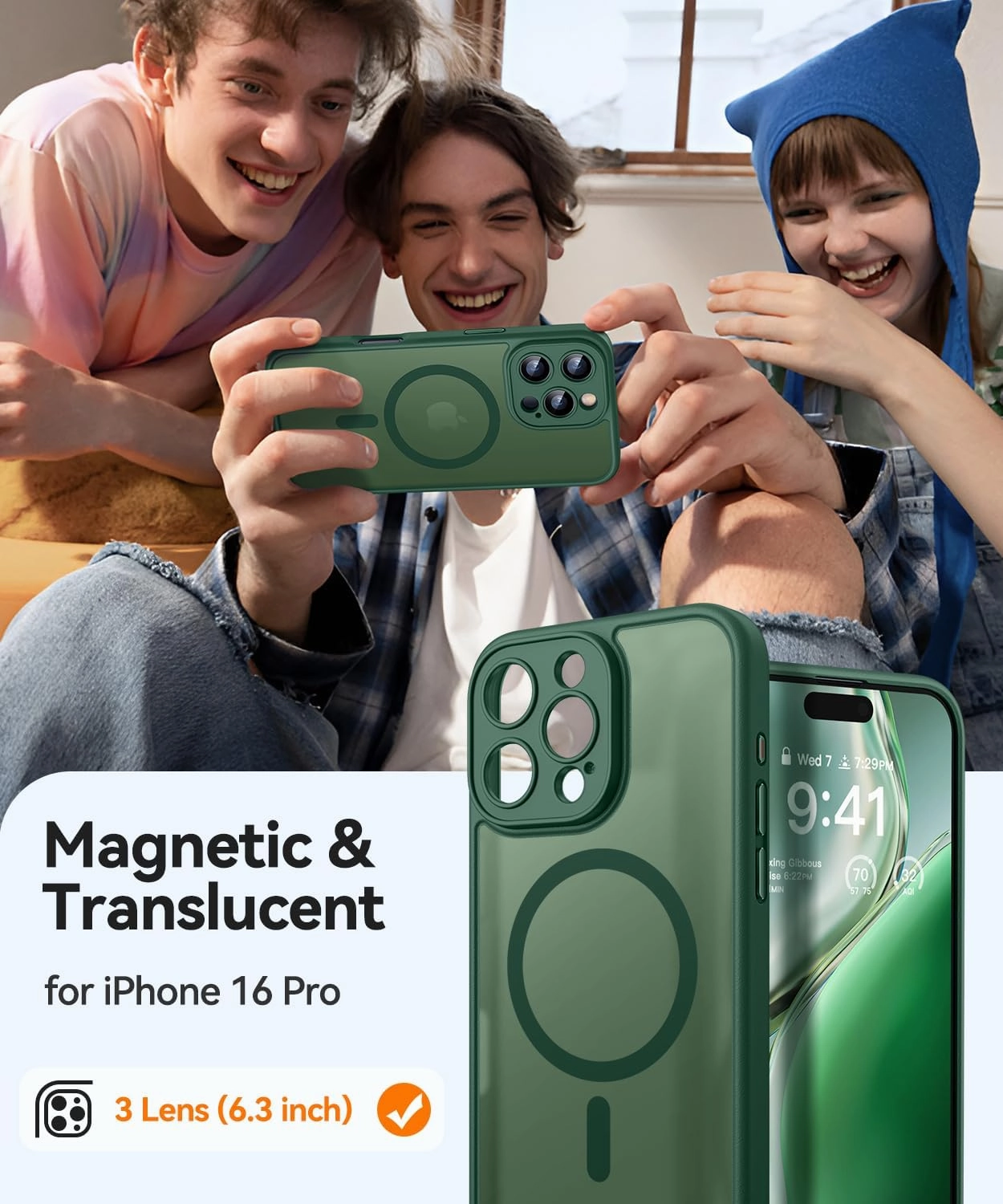 CANSHN Magnetic Compatible with iPhone 16 Pro Case, Upgraded [Full Camera Protection] [Compatible with Magsafe] [Translucent Matte] Shockproof Protective Phone Case Cover 6.3 Inch - Deep Green