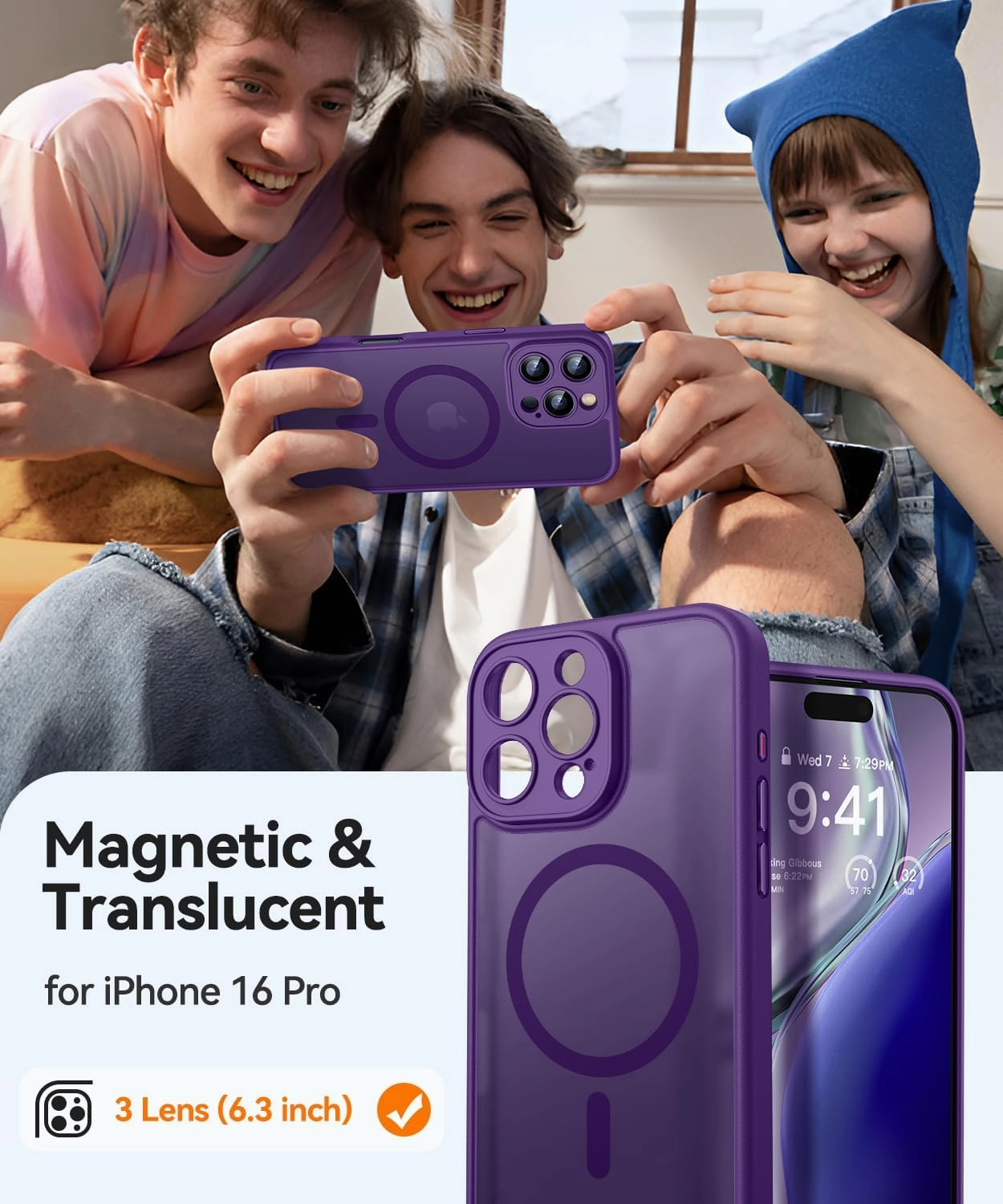 CANSHN Magnetic Compatible with iPhone 16 Pro Case, Upgraded [Full Camera Protection] [Compatible with Magsafe] [Translucent Matte] Shockproof Protective Phone Case Cover 6.3 Inch - Deep Purple