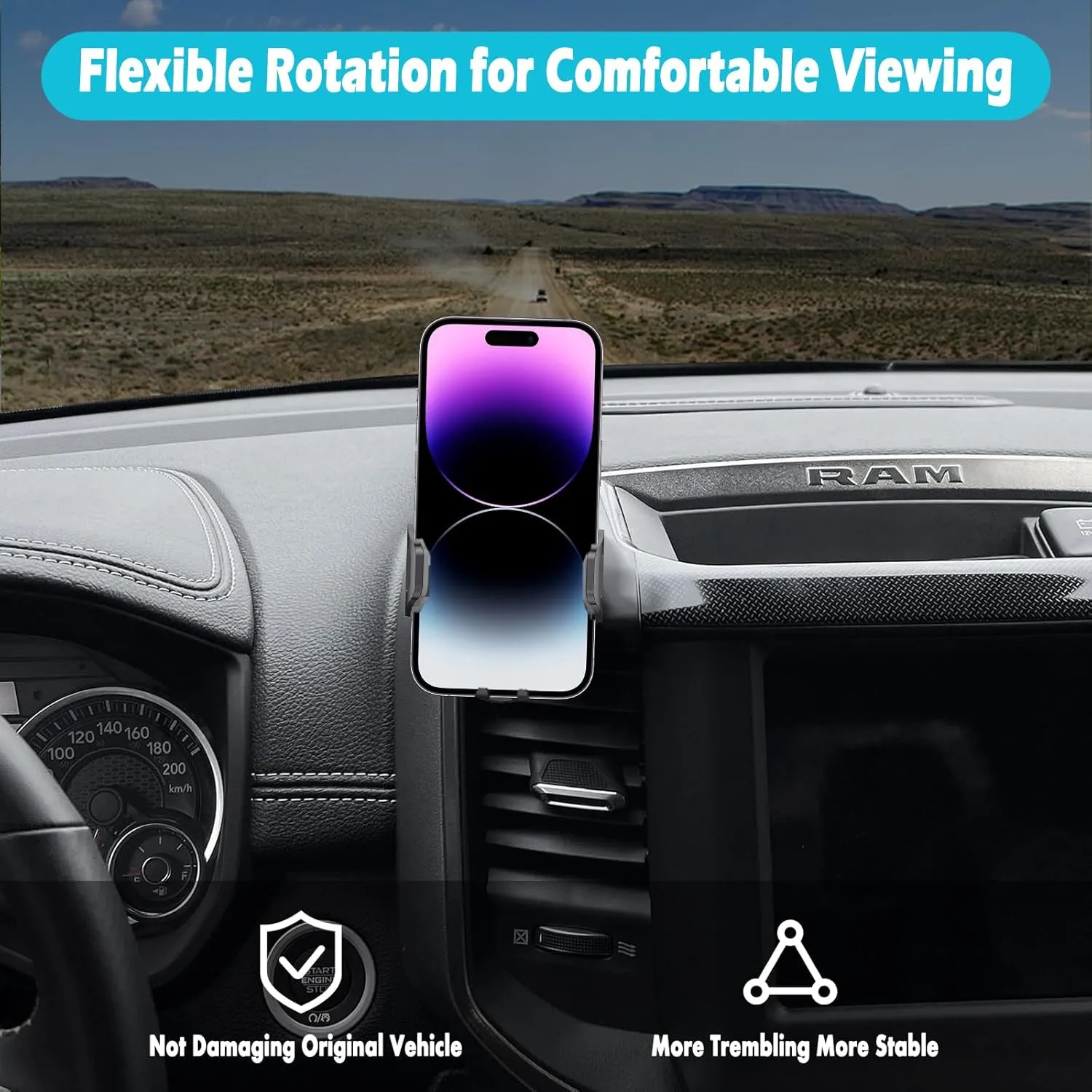 Car Phone Holder Fits for Dodge RAM 1500 2500 3500 (5 and 8.4 inch Screen) 2019-2024 Accessories,Thick Cases Friendly,Cell Phone Mount for 4.7-7 in Phones,360 Degree Rotation,Easy to Install
