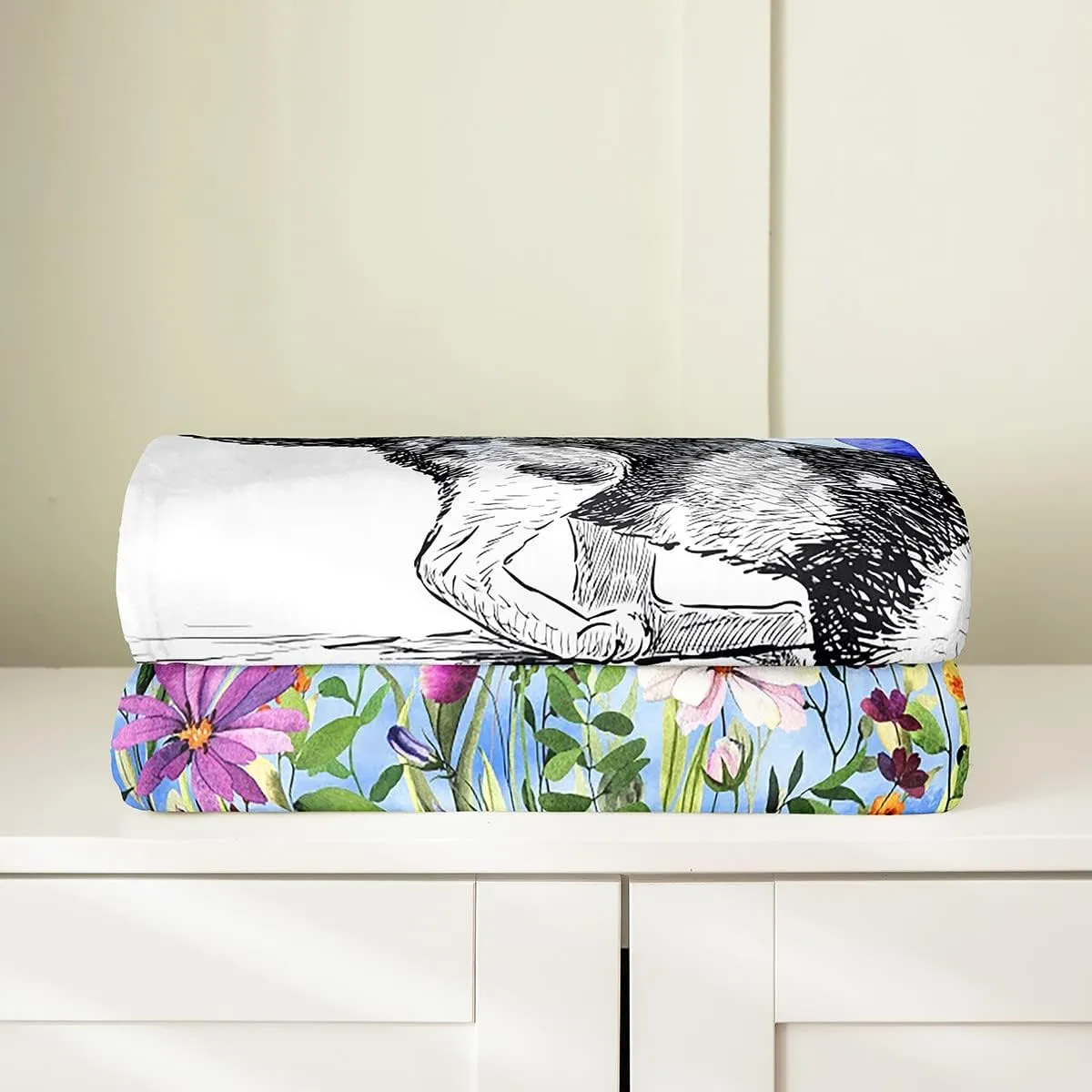 Cat Sherpa Colorful Flower Throw Blanket - Cute Pet Animal Fleece Throw 50x60 Inch Butterfly Floral Leaves Plant Bed Blanket Black And White Sherpa Kawaii Farmhouse Blue