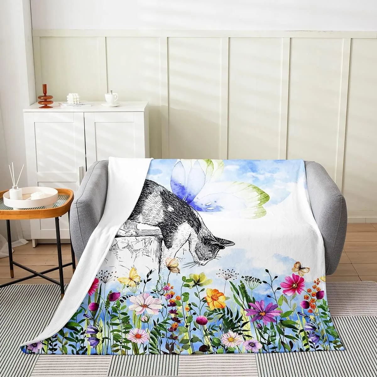 Cat Sherpa Colorful Flower Throw Blanket - Cute Pet Animal Fleece Throw 50x60 Inch Butterfly Floral Leaves Plant Bed Blanket Black And White Sherpa Kawaii Farmhouse Blue