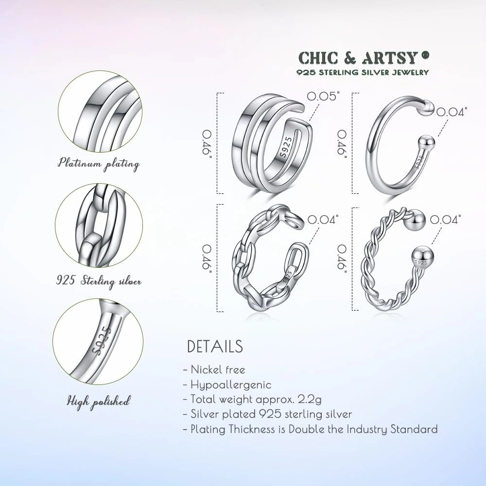 CHIC & ARTSY Cuff Earrings 925 Sterling Silver Ear Cuff Earrings Non-Piercing Fake Helix Cartilage Cuff Earrings Various Styles Conch Ear Cuffs Fine Jewelry for Women Man