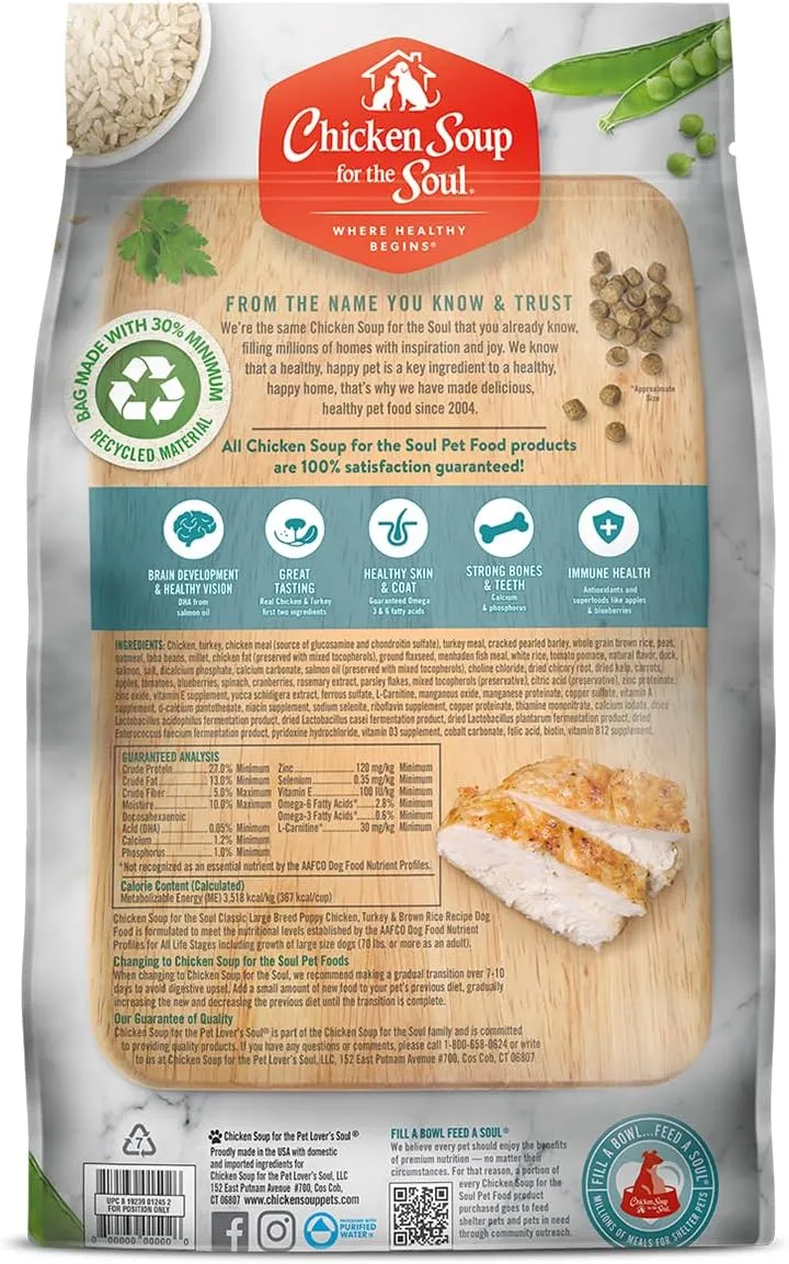 Chicken Soup For The Soul Classic Dry Large Breed Puppy Food, Chicken, Turkey & Brown Rice Recipe, 13.5 Pound Bag | Soy Free, Corn Free, Wheat Free, Dry Dog Food Made with Real Ingredients