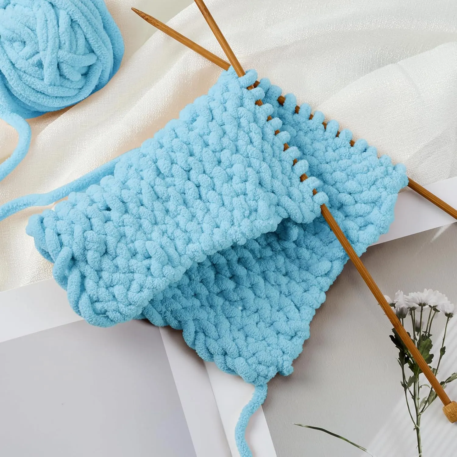 Chunky Chenille Yarn for Knitting/Crochet Baby Blanket Fancy Yarn for Amigurumi #6 Super Bulky Extra Thick Soft Fluffy Big Yarn Hat Scarf Christmas Decor Beginner Friendly,0.66lb,Blue