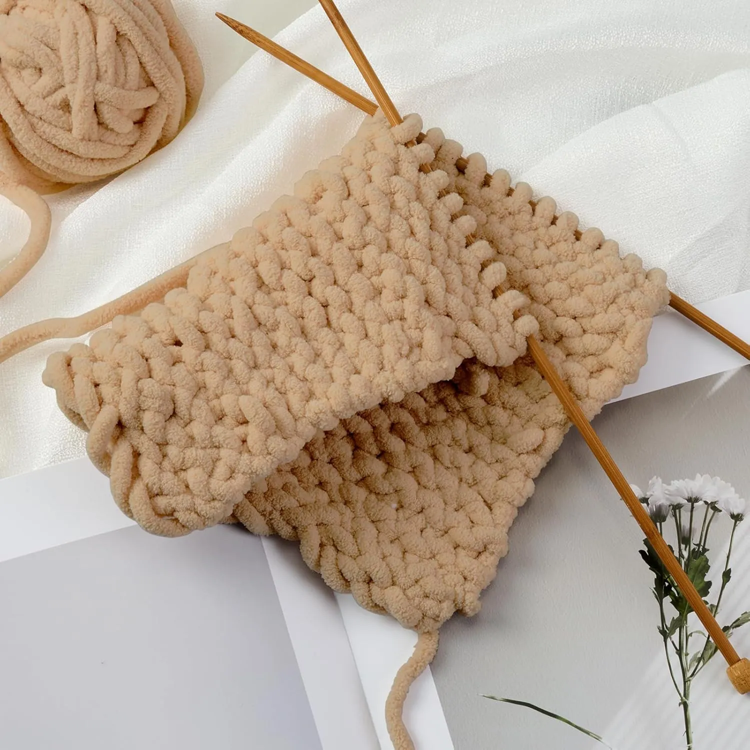 Chunky Chenille Yarn for Knitting/Crochet Baby Blanket Fancy Yarn for Amigurumi #6 Super Bulky Extra Thick Soft Fluffy Big Yarn Hat Scarf Christmas Decor Beginner Friendly,0.66lb,Camel