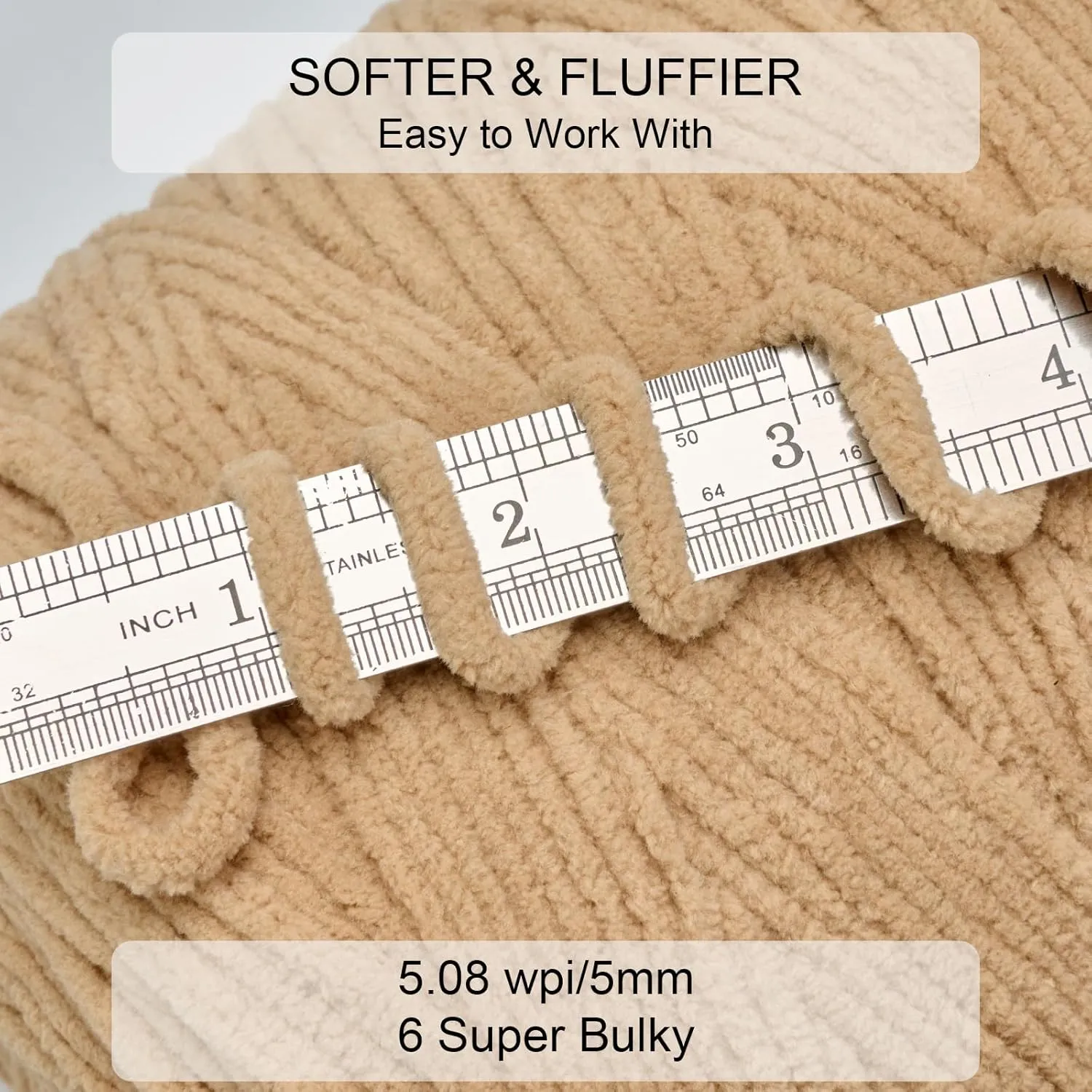 Chunky Chenille Yarn for Knitting/Crochet Baby Blanket Fancy Yarn for Amigurumi #6 Super Bulky Extra Thick Soft Fluffy Big Yarn Hat Scarf Christmas Decor Beginner Friendly,0.66lb,Camel