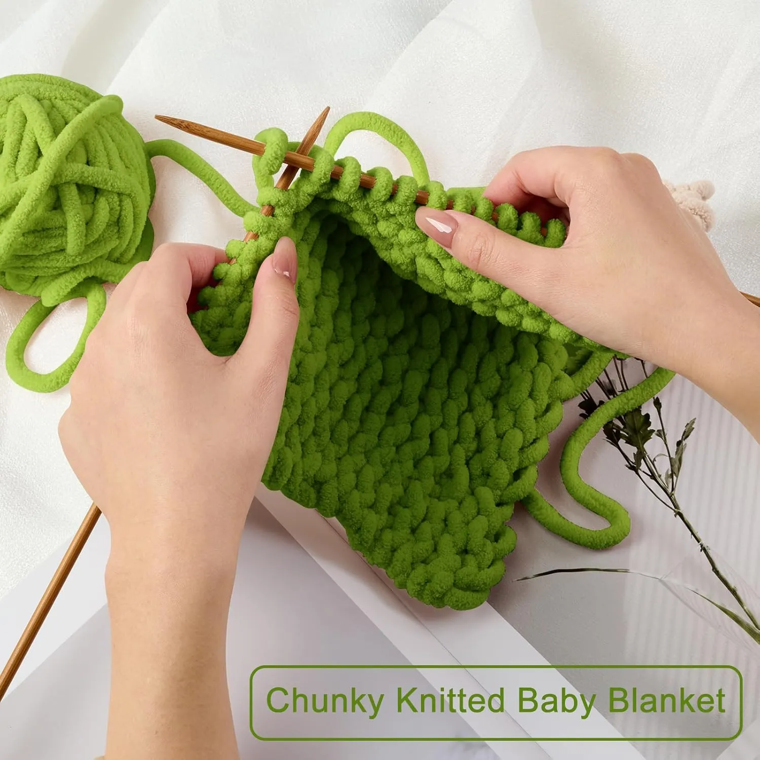 Chunky Chenille Yarn for Knitting/Crochet Baby Blanket Fancy Yarn for Amigurumi #6 Super Bulky Extra Thick Soft Fluffy Big Yarn Hat Scarf Christmas Decor Beginner Friendly,Green,0.66LB