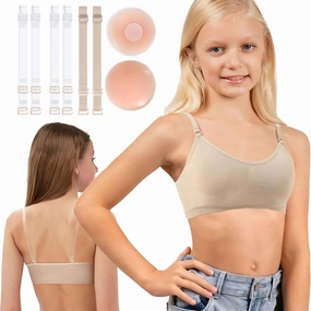 Clear Straps Dance Bra for Girls, V-Neck Pad Seamless Wireless Bras with Adjustable Replace Strap Silicone Covers